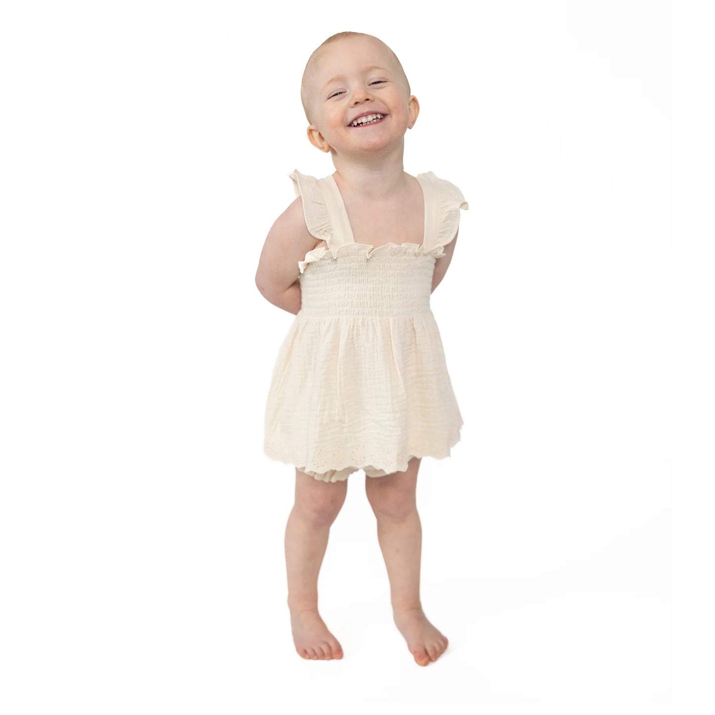 Ruffle Strap Smocked Top and Diaper Cover - Muslin White Swan