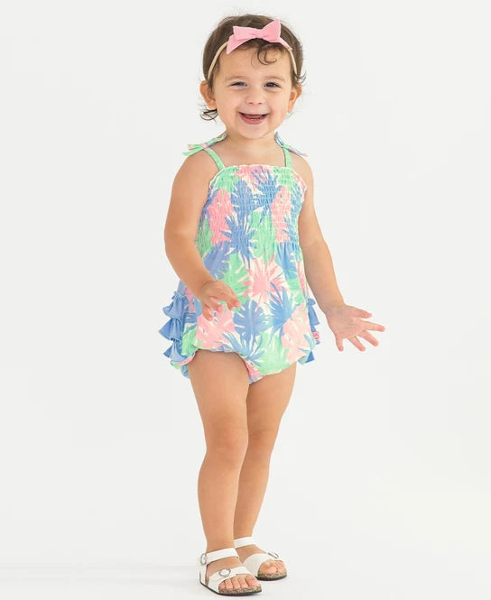 Pastel Palms Smocked Tie Knit Bubble Romper