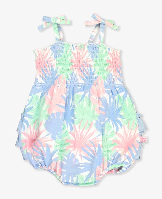 Pastel Palms Smocked Tie Knit Bubble Romper