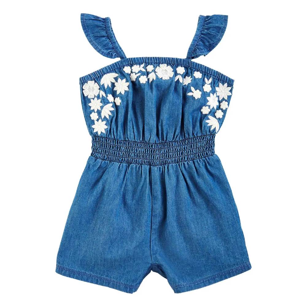 Denim Embroidered Ruffle Romper (Blue Denim)