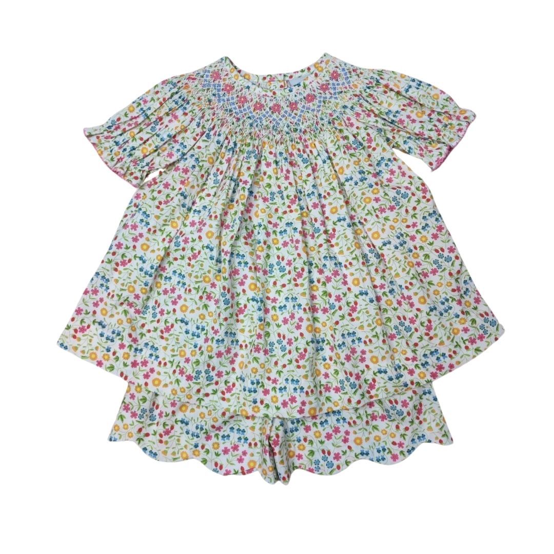 Girls New Spring Floral Smocked Floral Bishop Bubble & Scallop Short