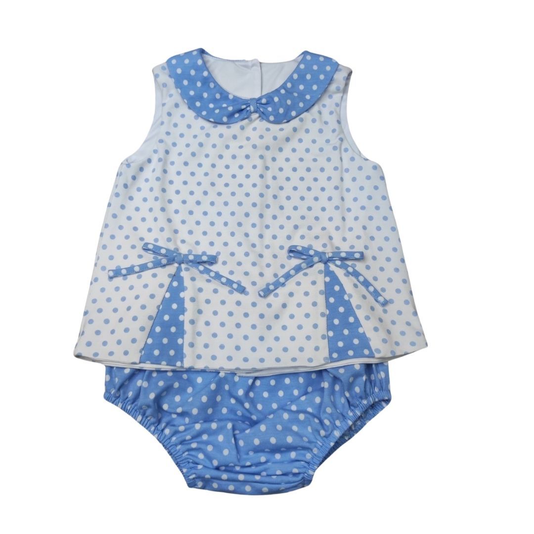 Girls White/ Blue Dot Pleated Front Peter Pan Collar & Bloomer Set