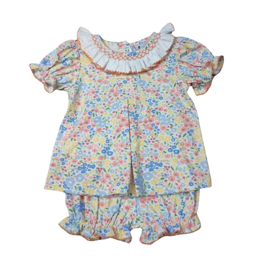 Girls Multi Floral Pleated Front Top & Bloomer Set