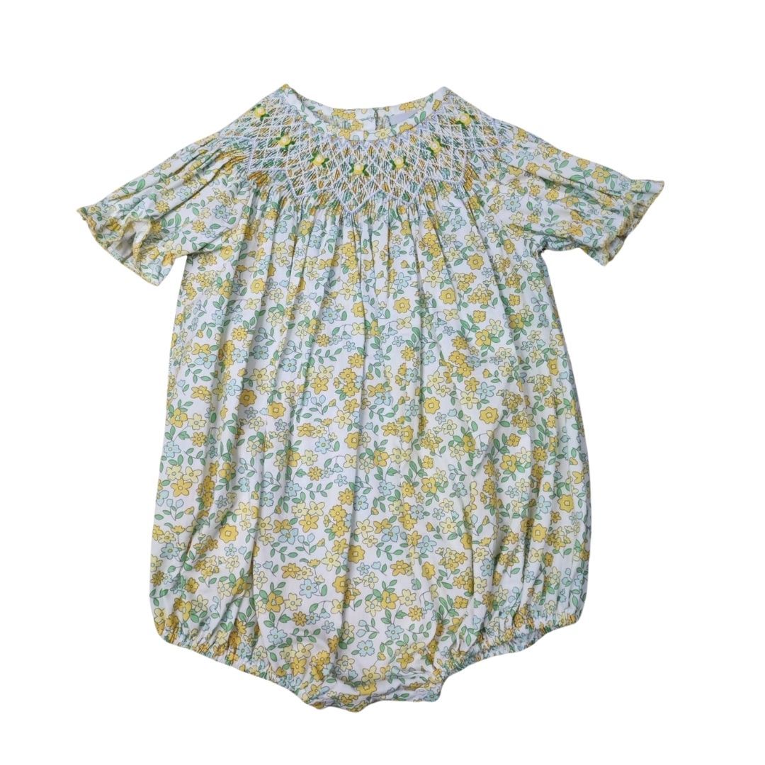 Girls Yellow Floral Smocked Bishop Bubble