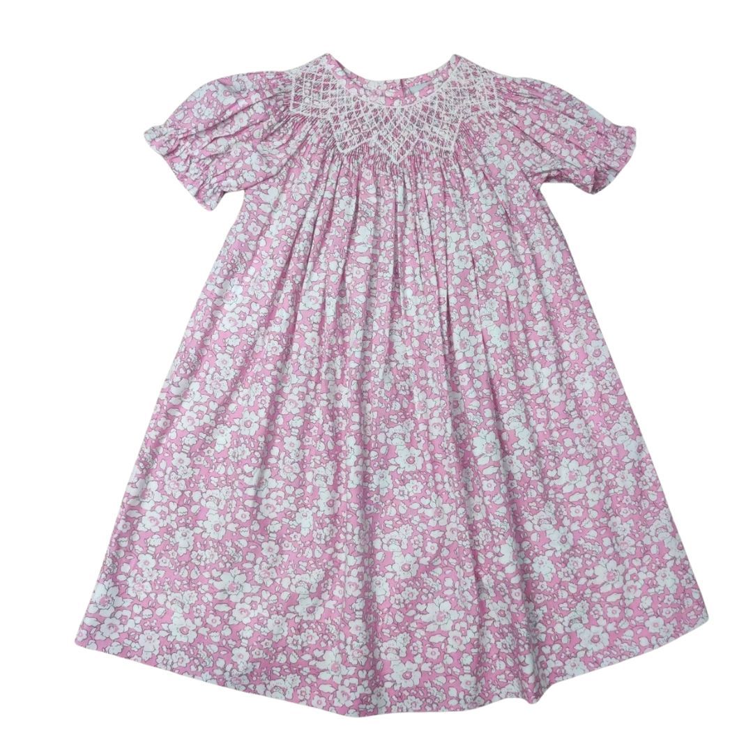 Pink White Floral Smocked Bishop Dress