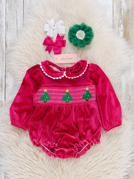 Christmas Trees Smocked Velvet Bubble Romper