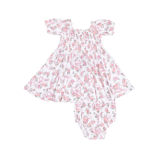 Ribbon And Flowers Puff Sleeve Smocked Dress