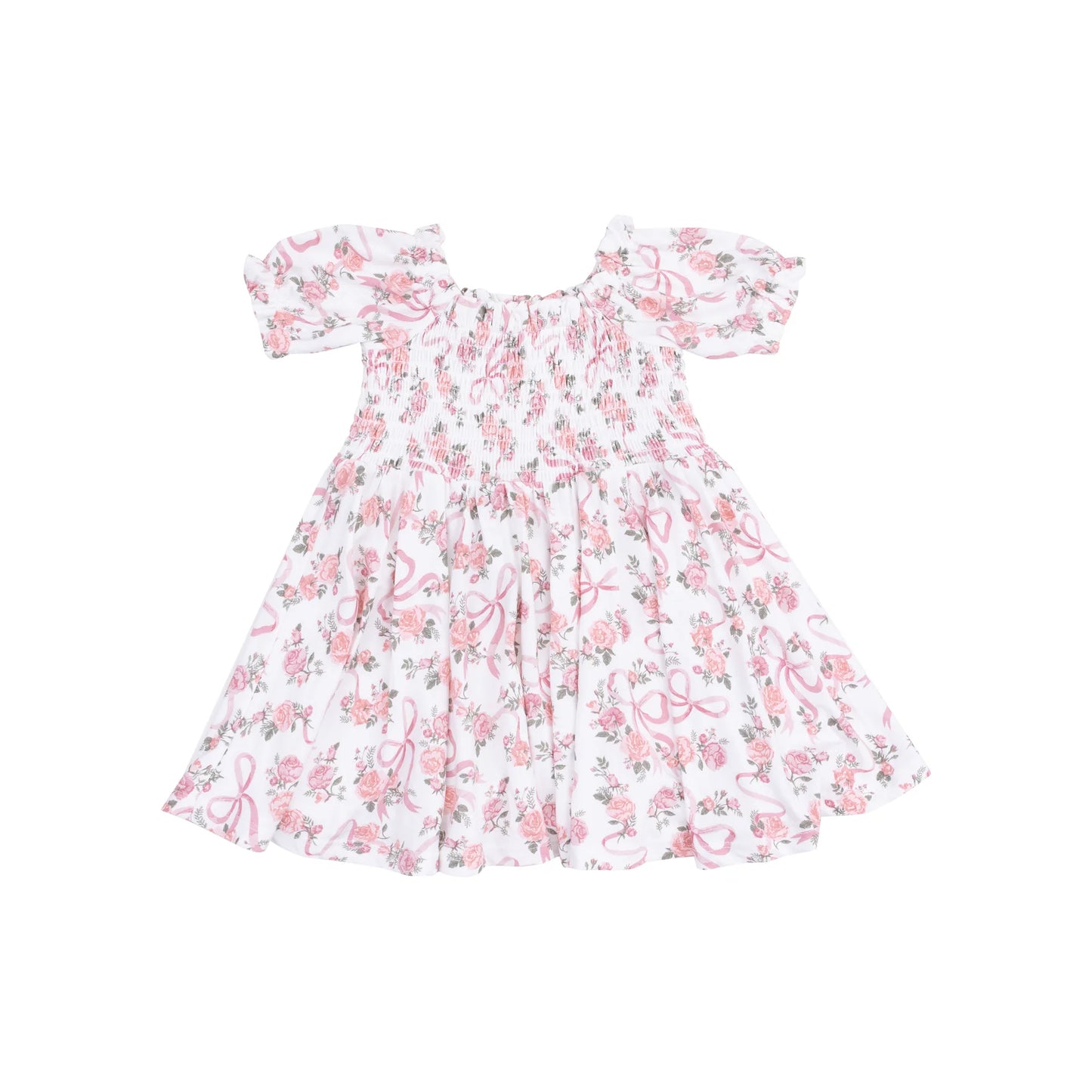 Ribbon And Flowers Puff Sleeve Smocked Dress