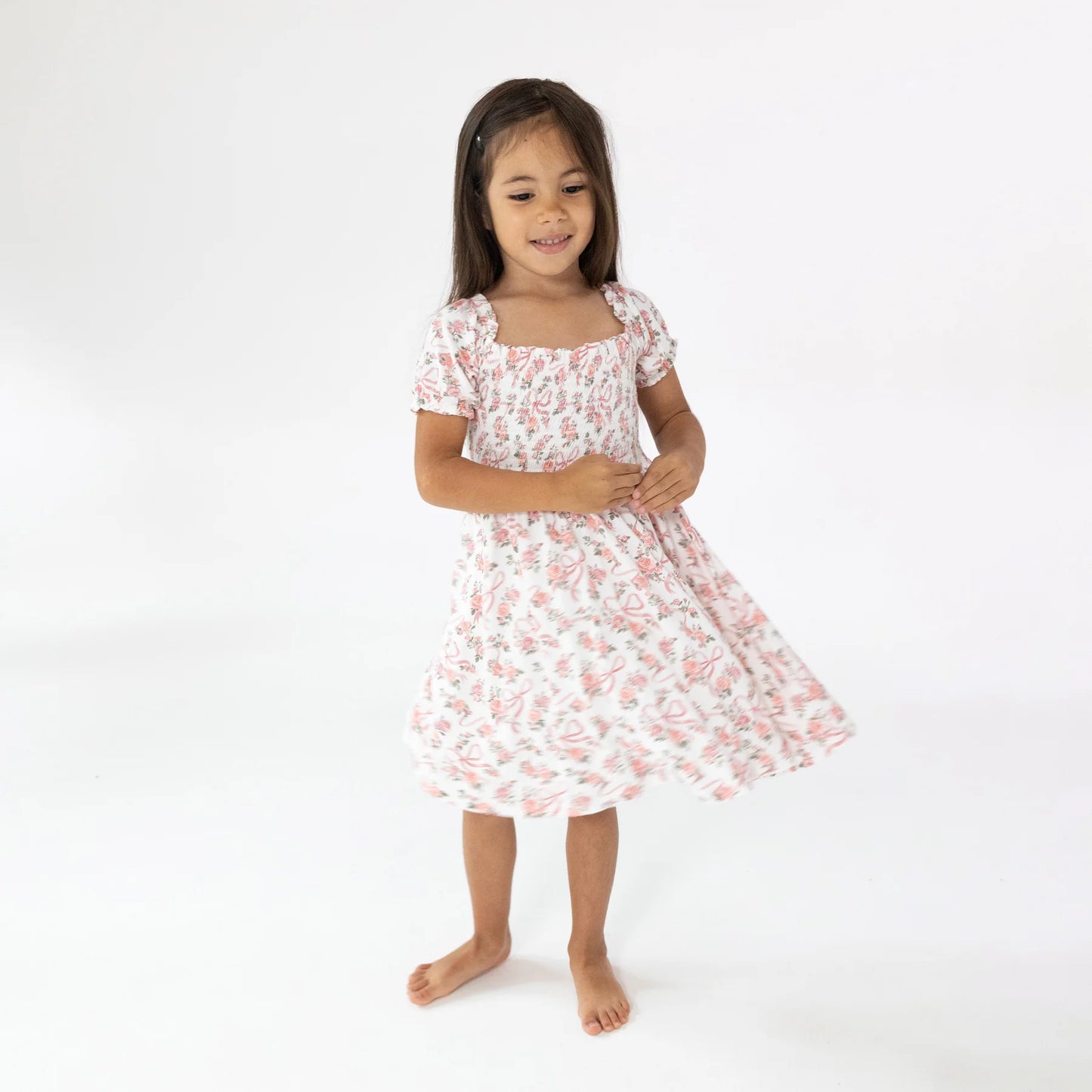 Ribbon And Flowers Puff Sleeve Smocked Dress