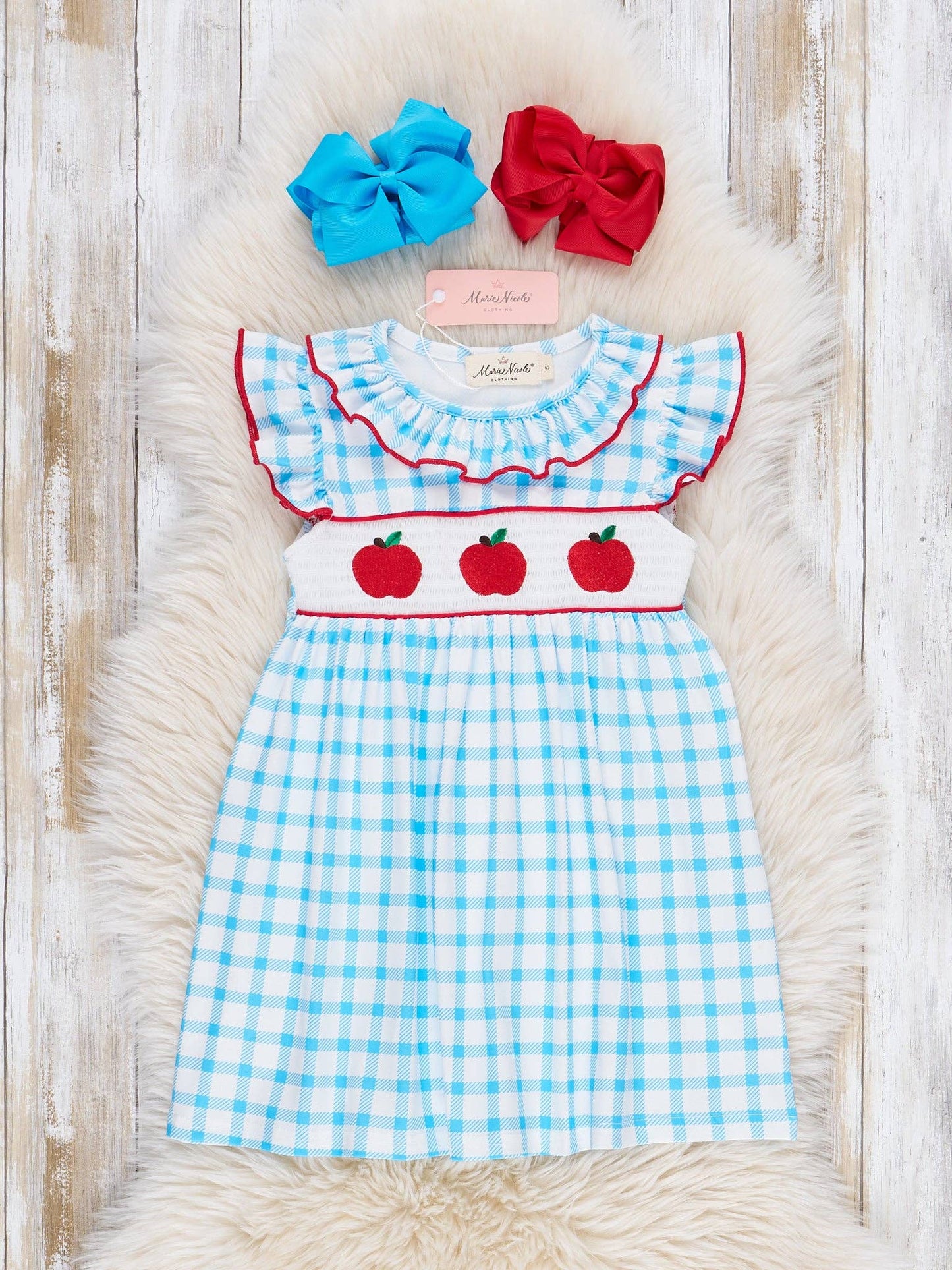 Blue Plaid Smocked Apple Ruffle Dress