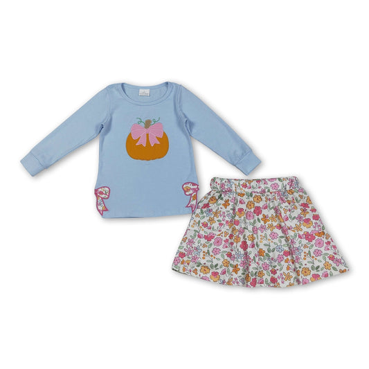 Pumpkin Bow Embroidery Top and Floral Skort Set