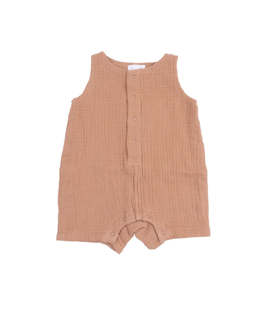 Solid Muslin Camel Sleeveless Shortie Romper