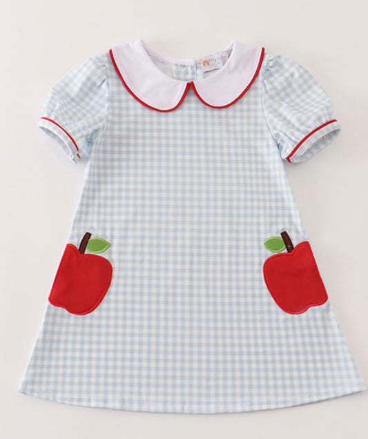 Blue Apple Applique Plaid Dress