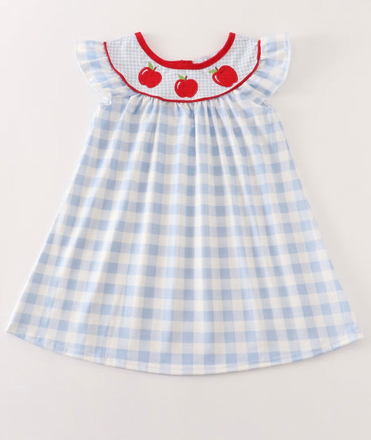 Blue Apple Embroidery Plaid Dress