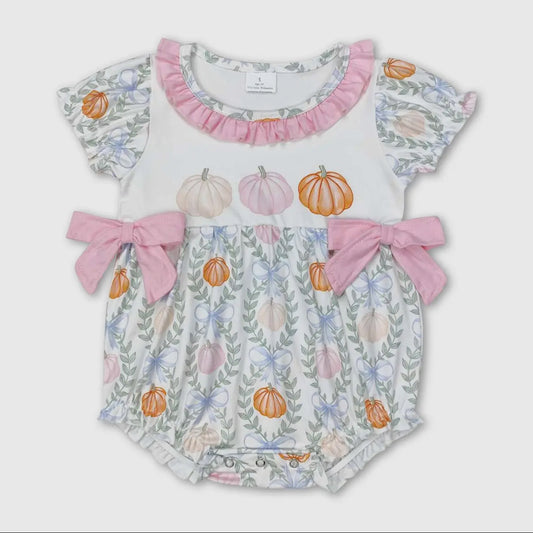 Short Sleeve Pumpkin Bow Fall Romper