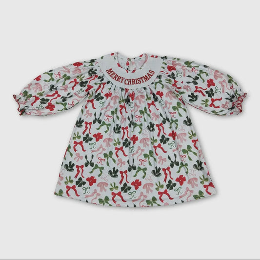 Merry Christmas Bow Smocked Dress