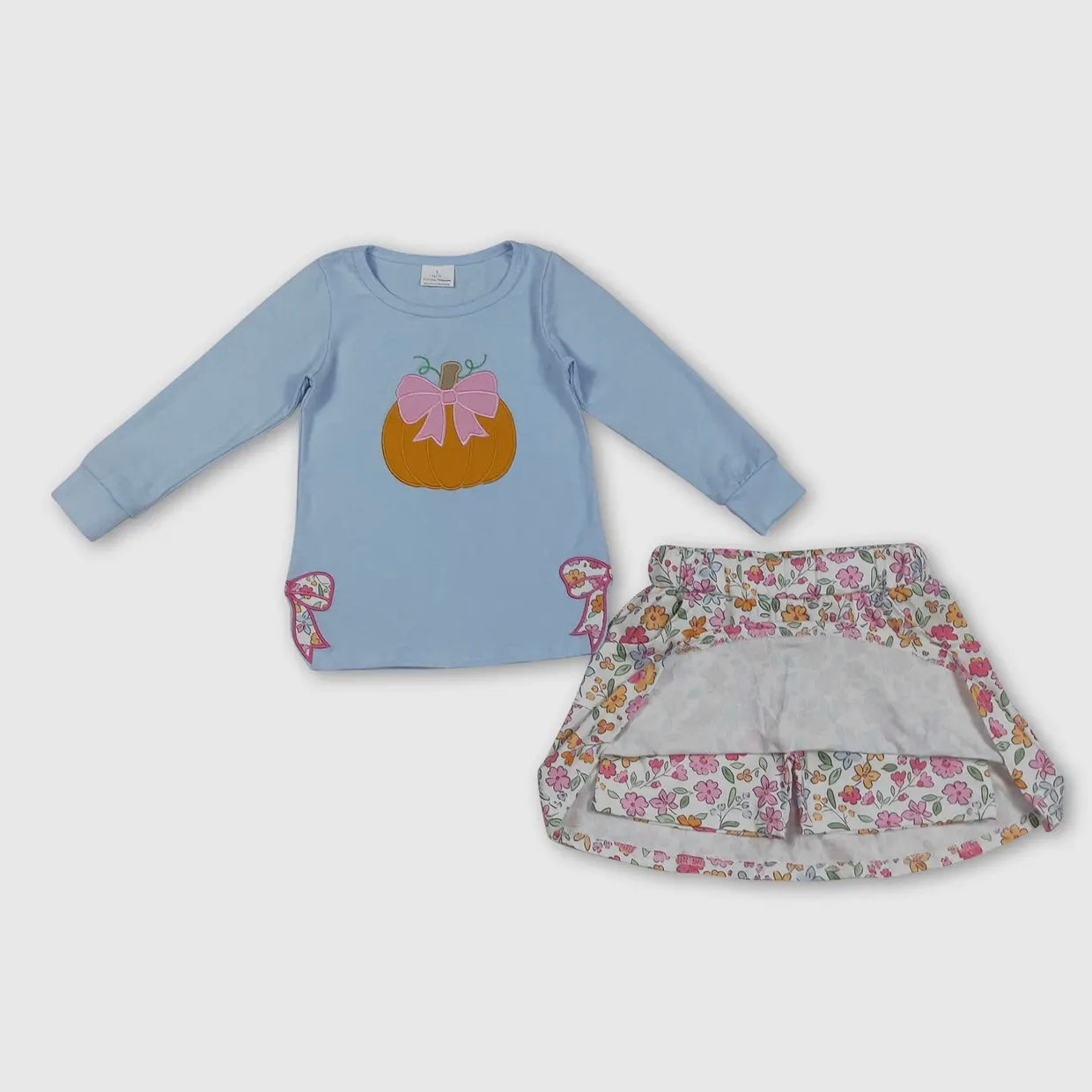 Pumpkin Bow Embroidery Top and Floral Skort Set