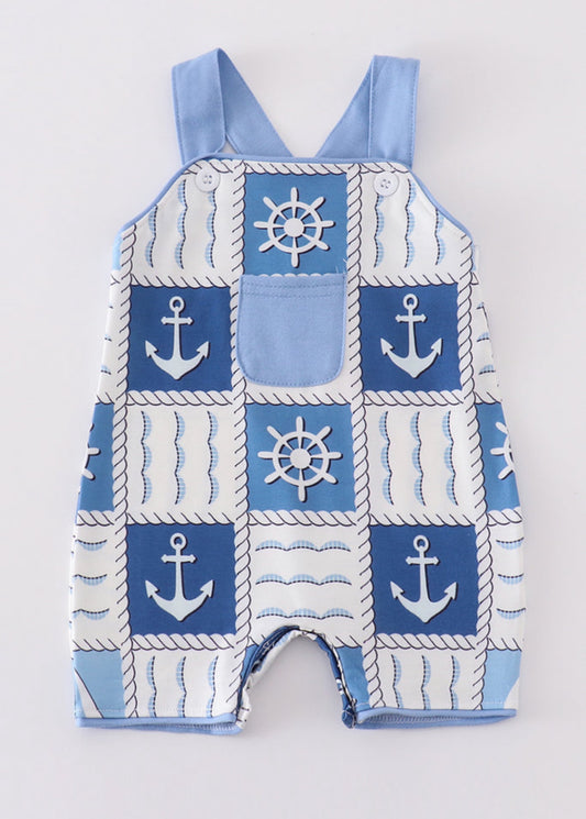 Blue Sailboat Checkered Boy Romper