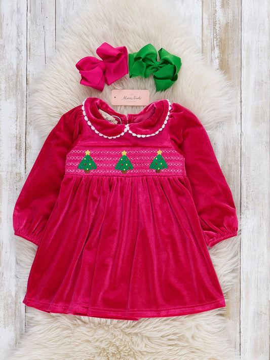 Christmas Trees Smocked Velvet Dress