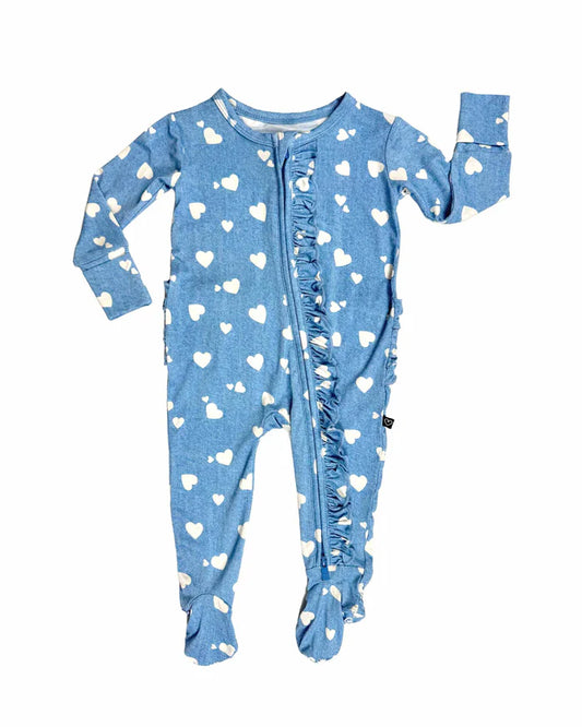 Denim Hearts Ruffled Zippered Footie