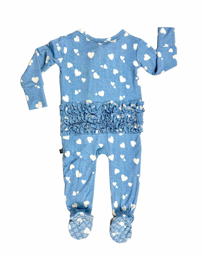 Denim Hearts Ruffled Zippered Footie