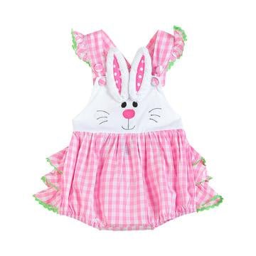 Pink Bunny Face Gingham Bubble Ruffle Romper